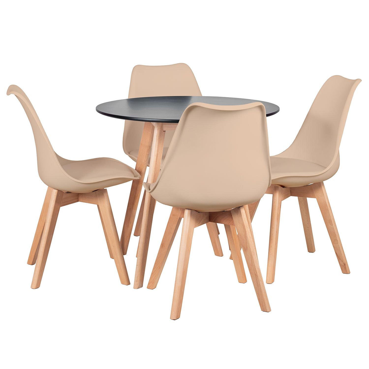 Mesa jantar cozinha redonda 80 cm + 4 cadeiras estofadas Leda Mesa preto com cadeiras nude
