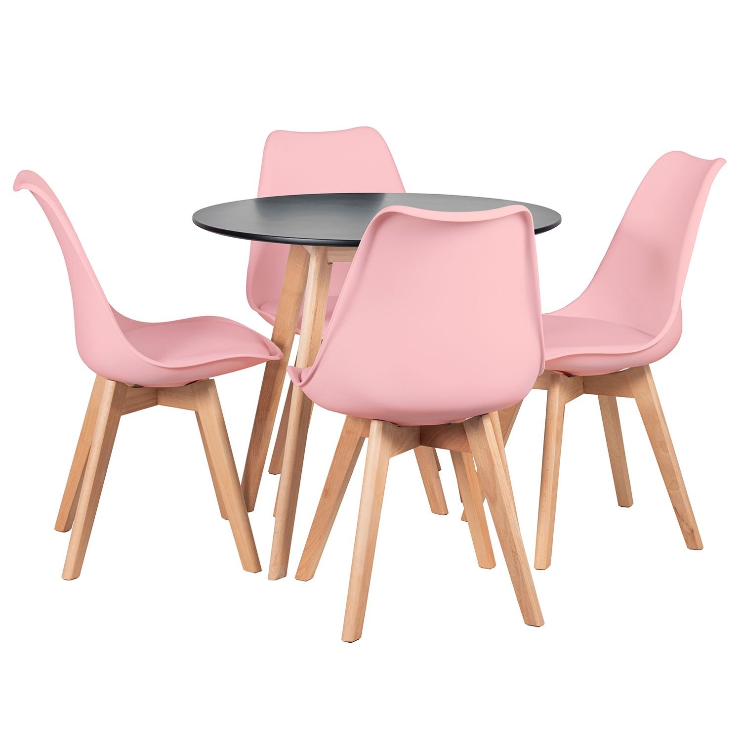 Mesa jantar cozinha redonda 80 cm + 4 cadeiras estofadas Leda Mesa preto com cadeiras rosa claro