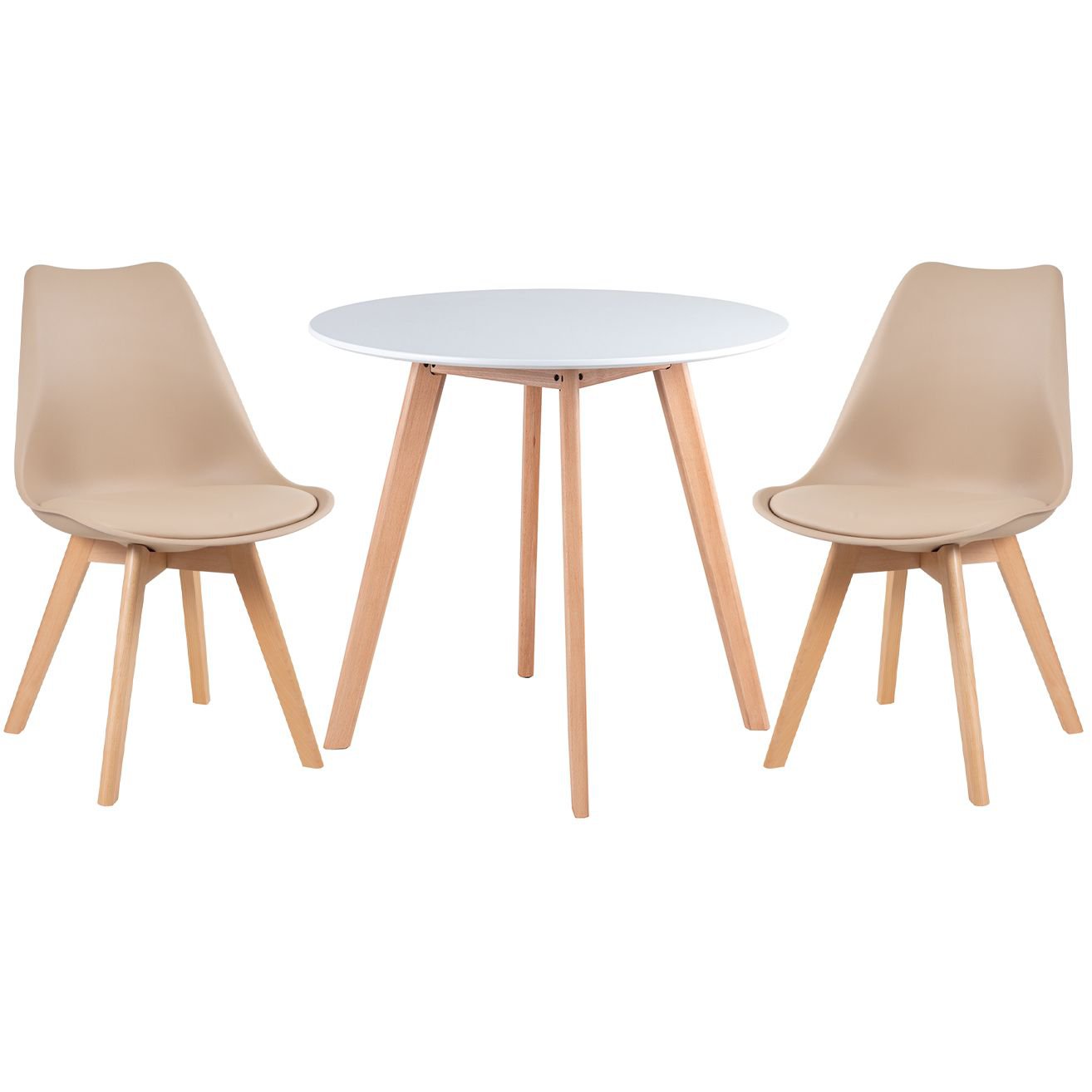 Mesa jantar cozinha redonda 80 cm branco + 2 cadeiras estofadas Leda Nude
