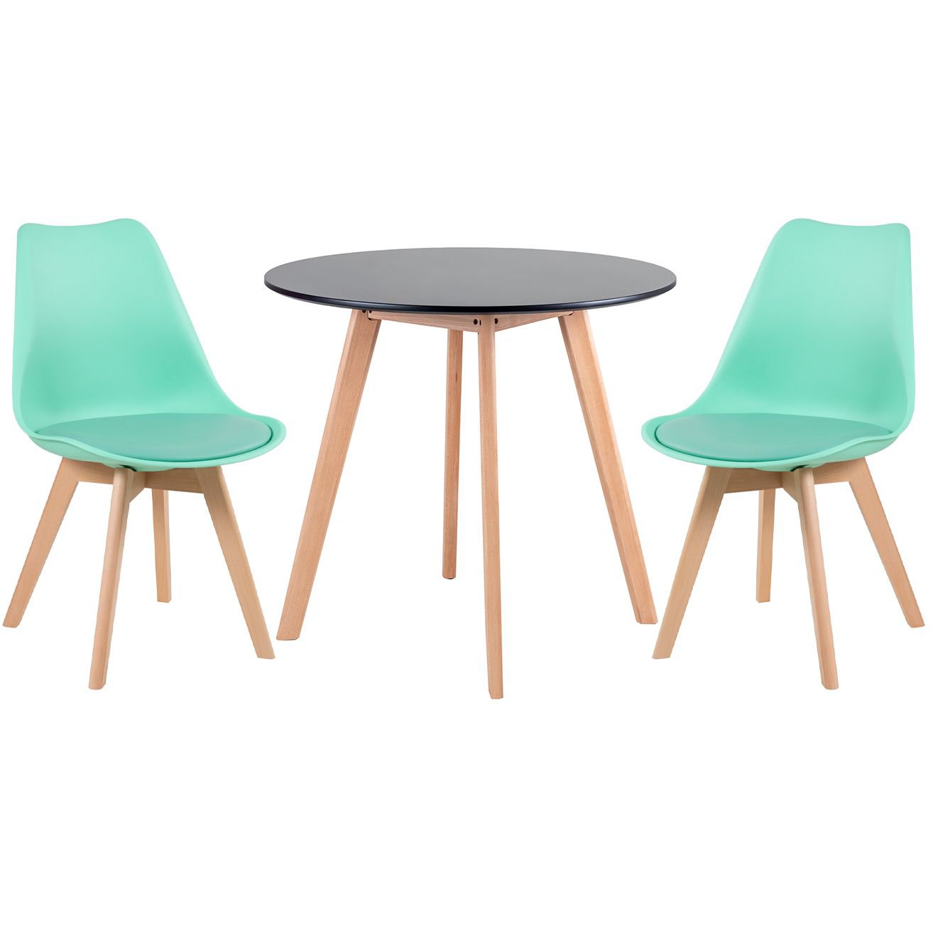 Mesa jantar cozinha redonda 80 cm preto + 2 cadeiras estofadas Leda Verde tiffany