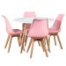 Mesa jantar cozinha redonda branco 100 cm + 4 cadeiras estofadas Leda Rosa claro