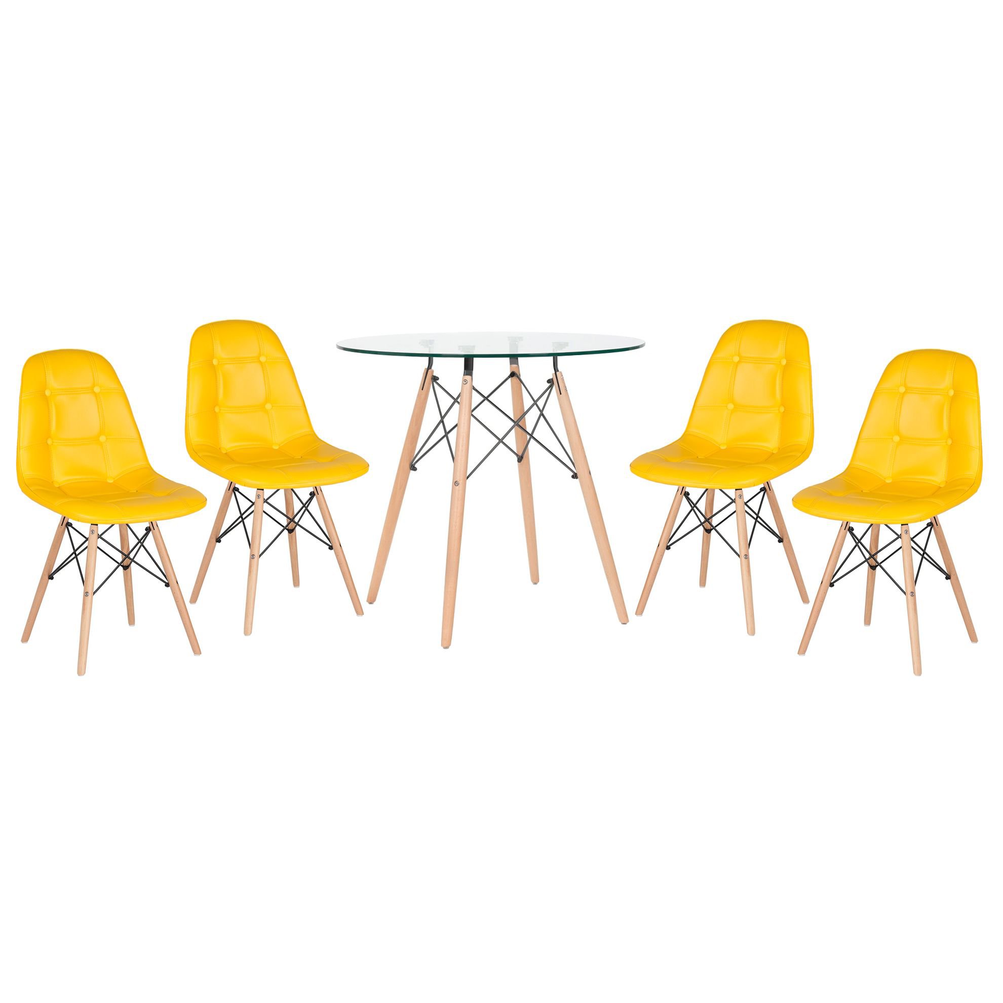 Mesa jantar cozinha redonda com tampo de vidro Eames 80 cm + 4 cadeiras Eiffel Botonê Amarelo