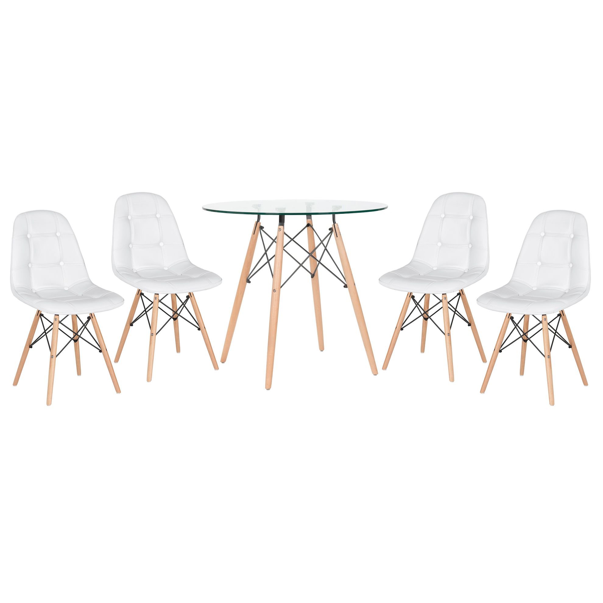 Mesa jantar cozinha redonda com tampo de vidro Eames 80 cm + 4 cadeiras Eiffel Botonê Branco