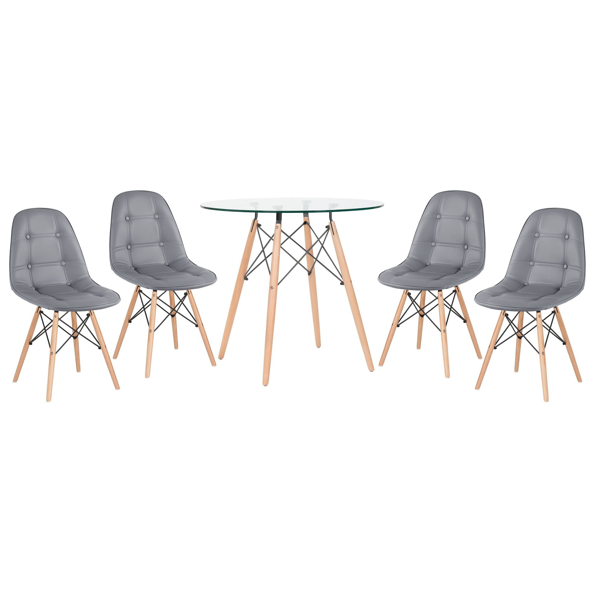 Mesa jantar cozinha redonda com tampo de vidro Eames 80 cm + 4 cadeiras Eiffel Botonê Cinza Escuro