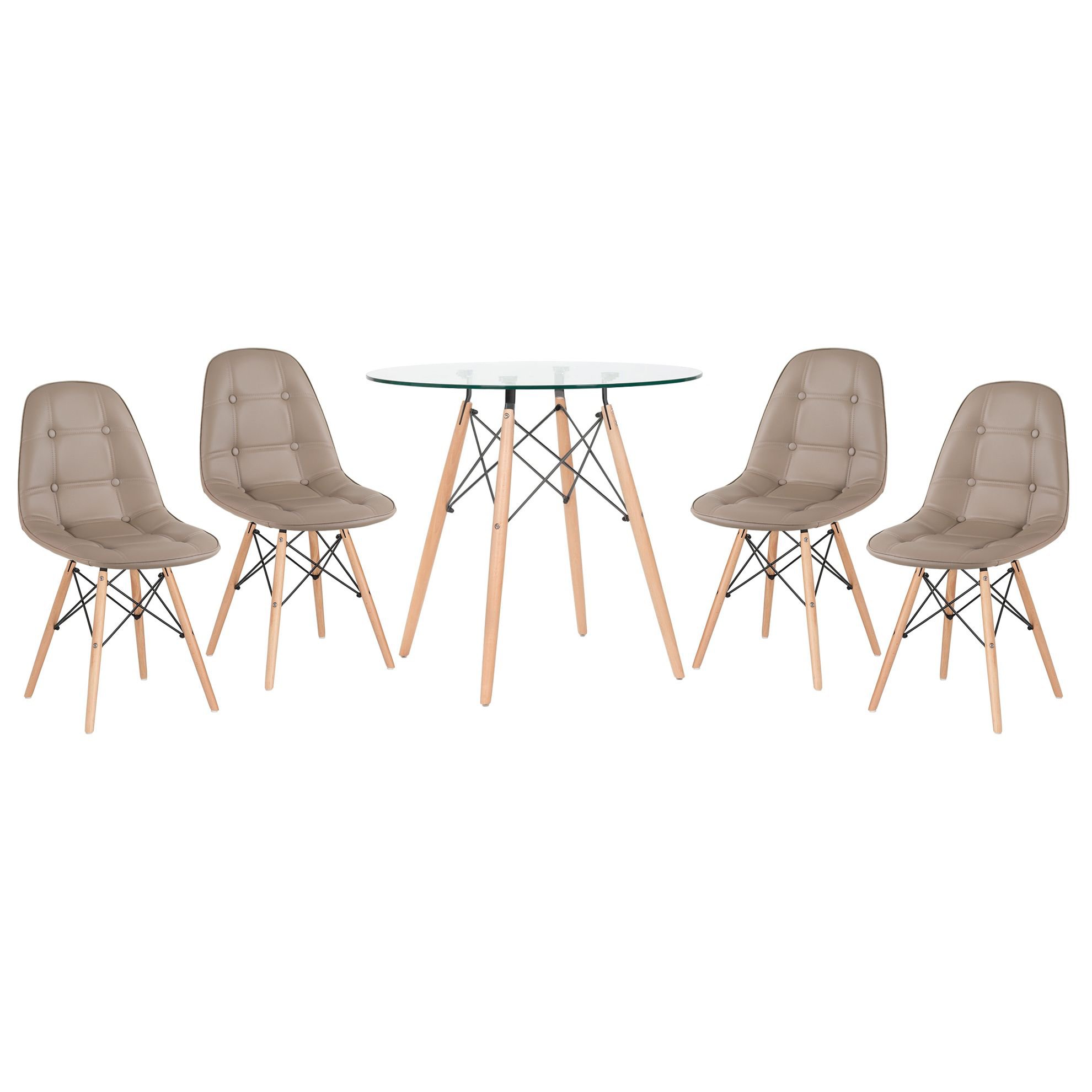 Mesa jantar cozinha redonda com tampo de vidro Eames 80 cm + 4 cadeiras Eiffel Botonê Nude