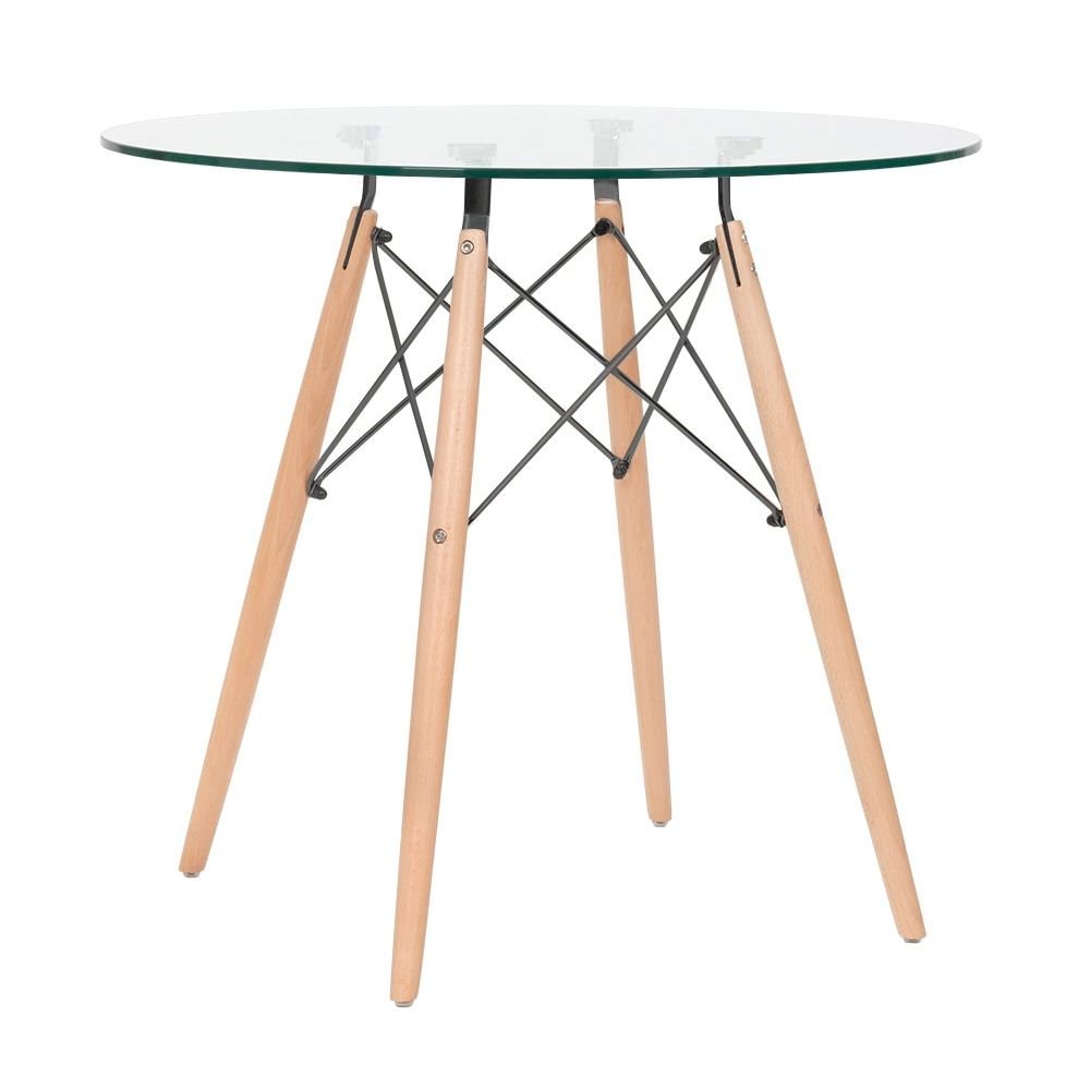 Mesa jantar cozinha redonda com tampo de vidro Eames 80 cm + 4 cadeiras Eiffel Botonê Nude