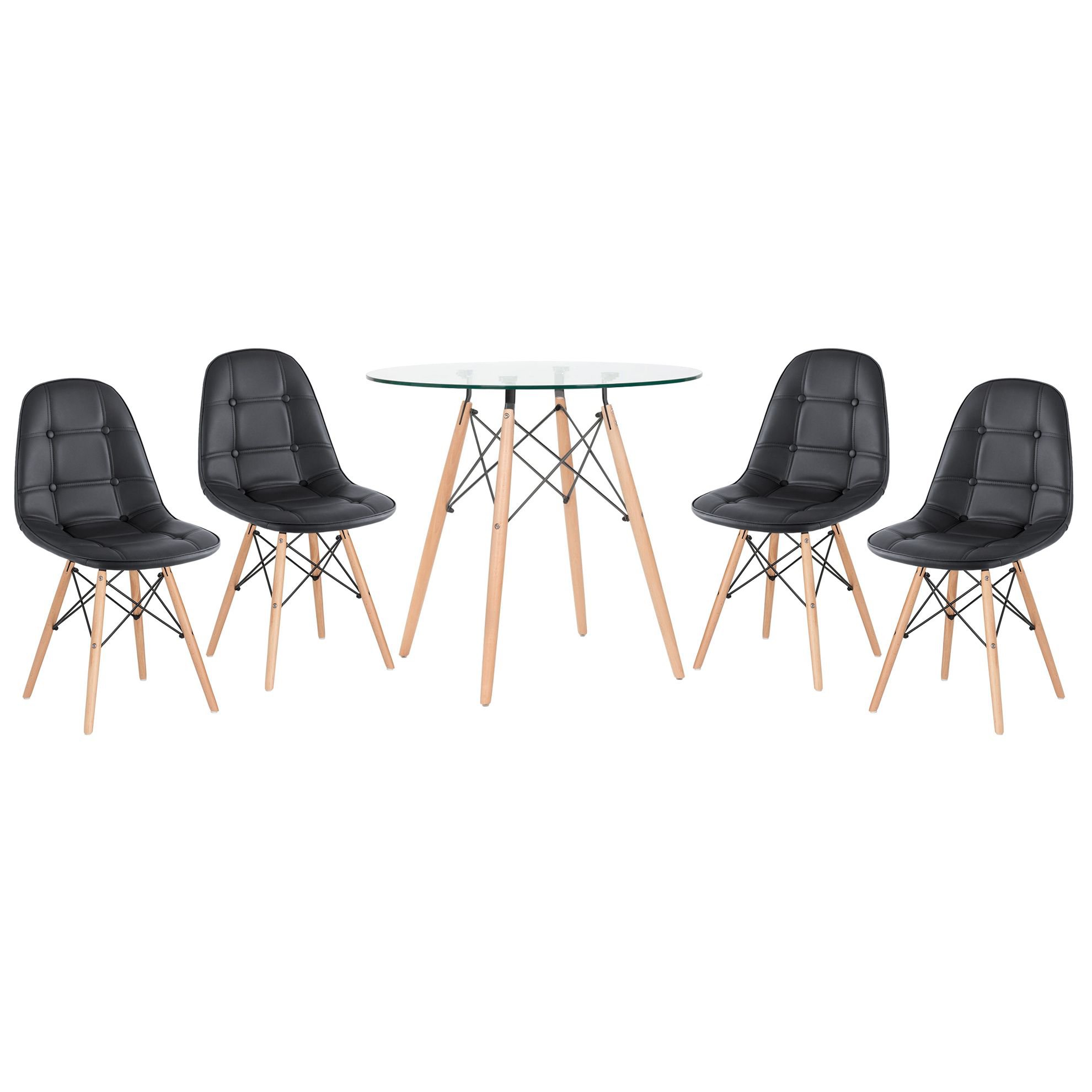 Mesa jantar cozinha redonda com tampo de vidro Eames 80 cm + 4 cadeiras Eiffel Botonê Preto