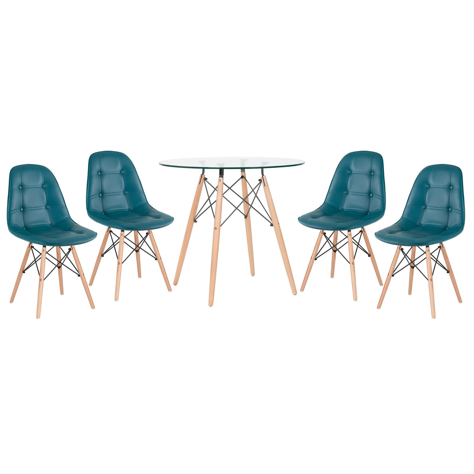 Mesa jantar cozinha redonda com tampo de vidro Eames 80 cm + 4 cadeiras Eiffel Botonê Turquesa