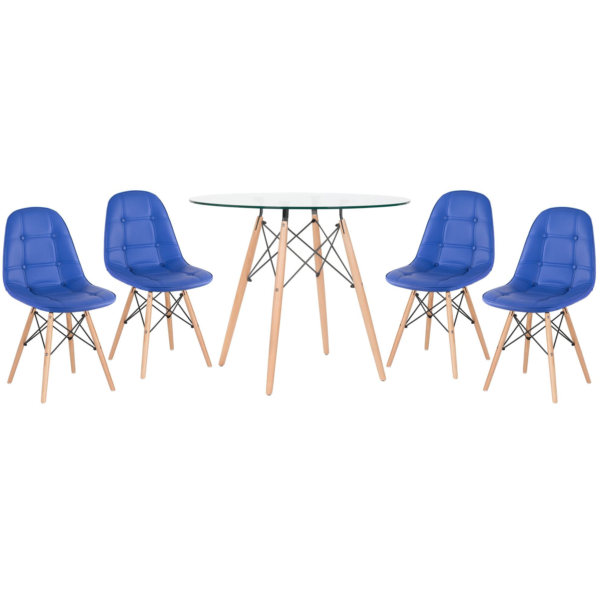 Mesa jantar cozinha redonda com tampo de vidro Eames 90 cm + 4 cadeiras Eiffel Botonê Azul