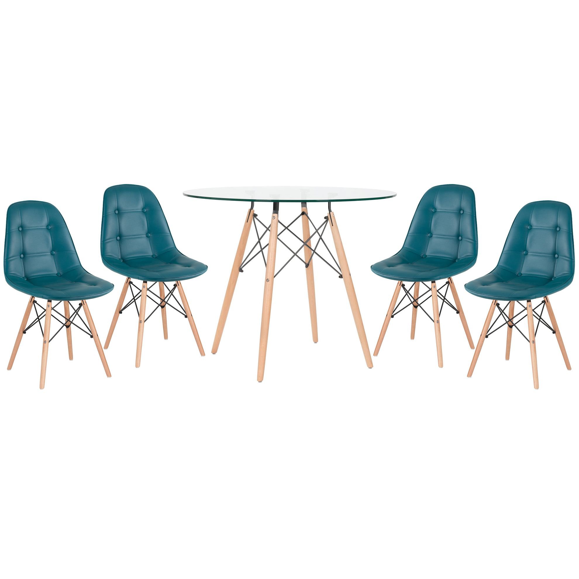 Mesa jantar cozinha redonda com tampo de vidro Eames 90 cm + 4 cadeiras Eiffel Botonê Turquesa