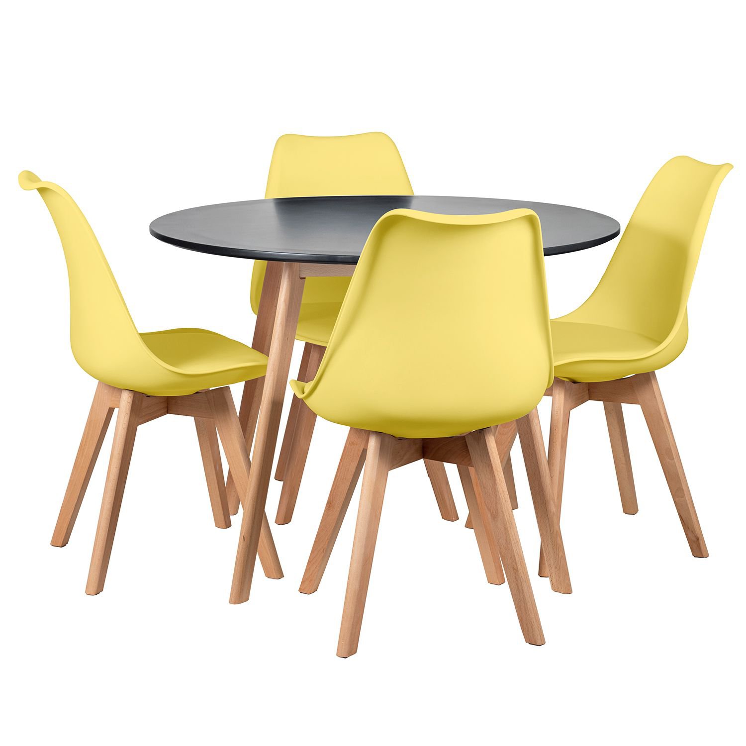 Mesa jantar cozinha redonda preto 100 cm + 4 cadeiras estofadas Leda Amarelo