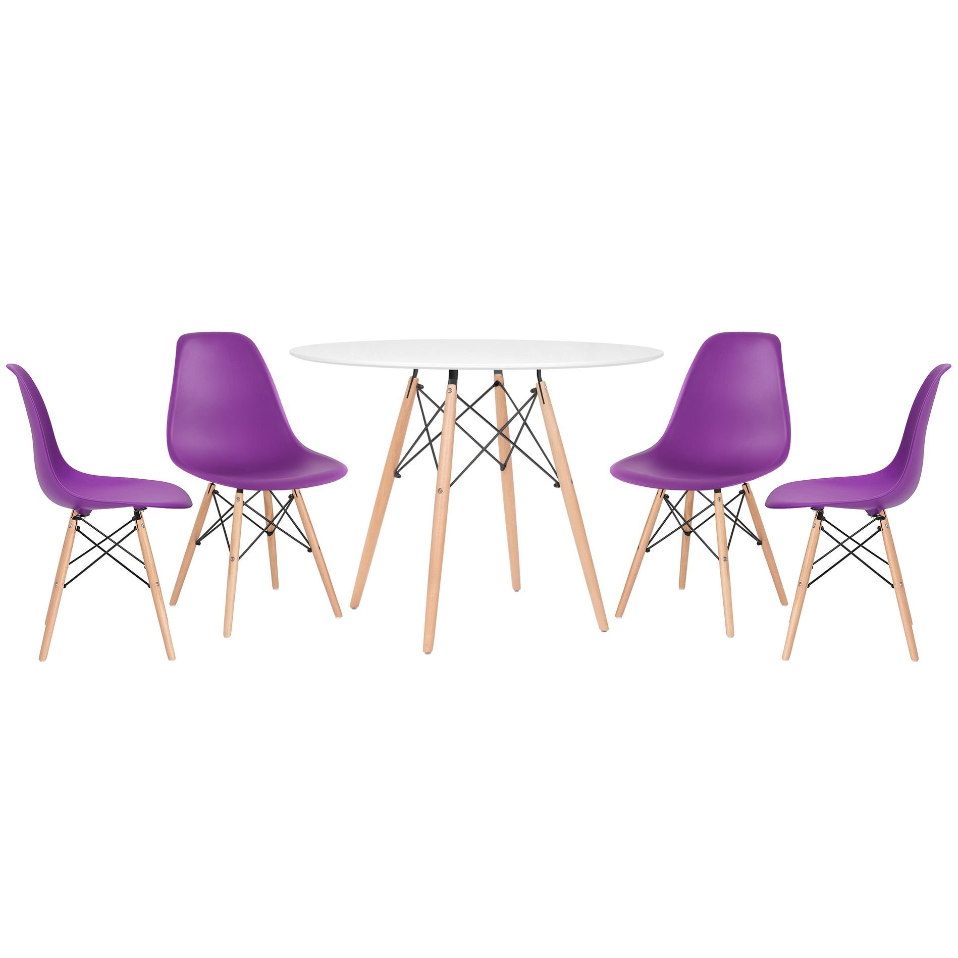Mesa redonda Eames 100 cm + 4 cadeiras Eiffel DSW Mesa branco com cadeiras roxo