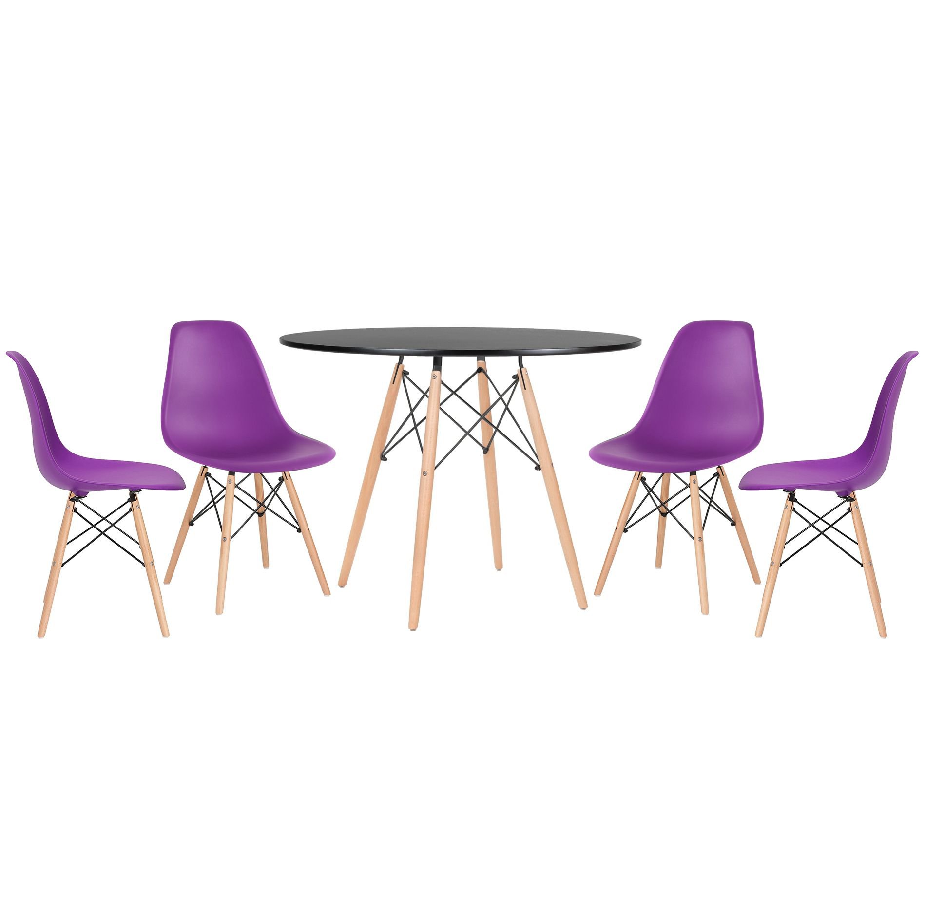 Mesa redonda Eames 100 cm + 4 cadeiras Eiffel DSW Mesa preto com cadeiras roxo