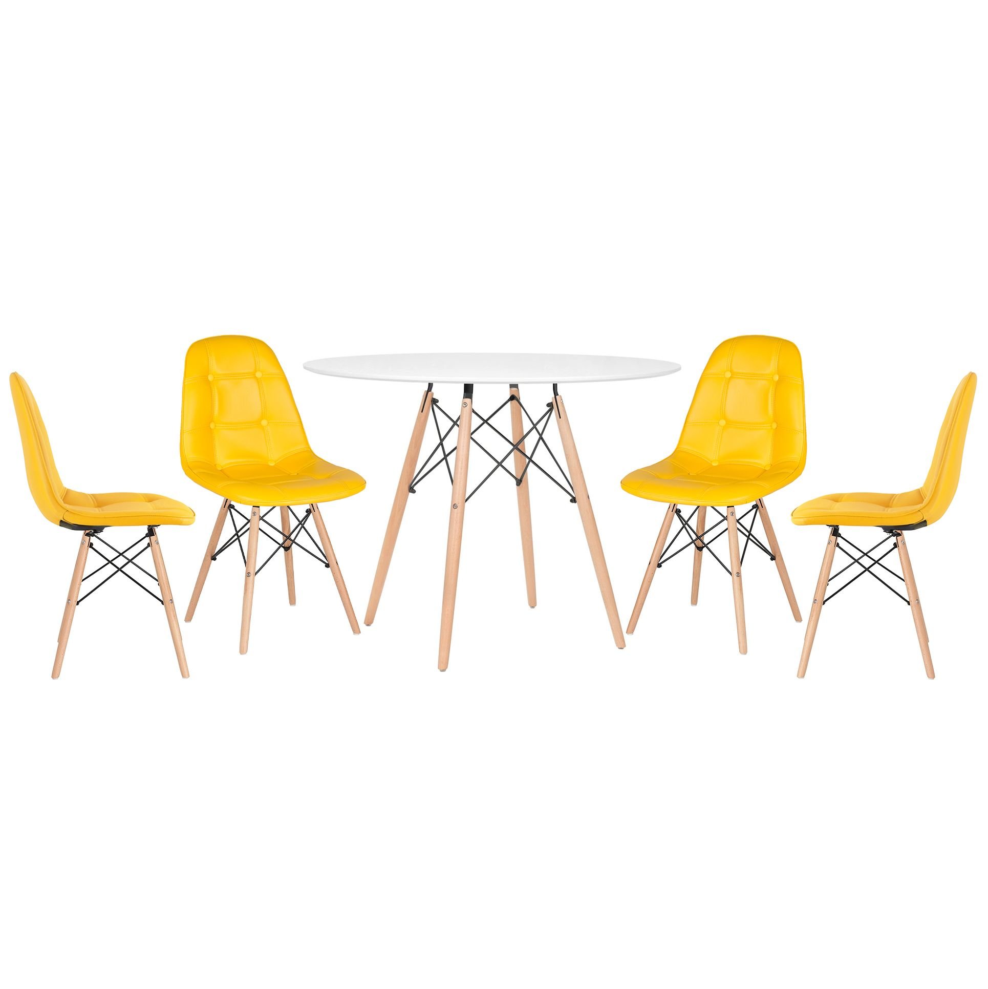 Mesa redonda Eames 100 cm + 4 cadeiras estofadas Eiffel Botonê Mesa branco com cadeiras amarelo