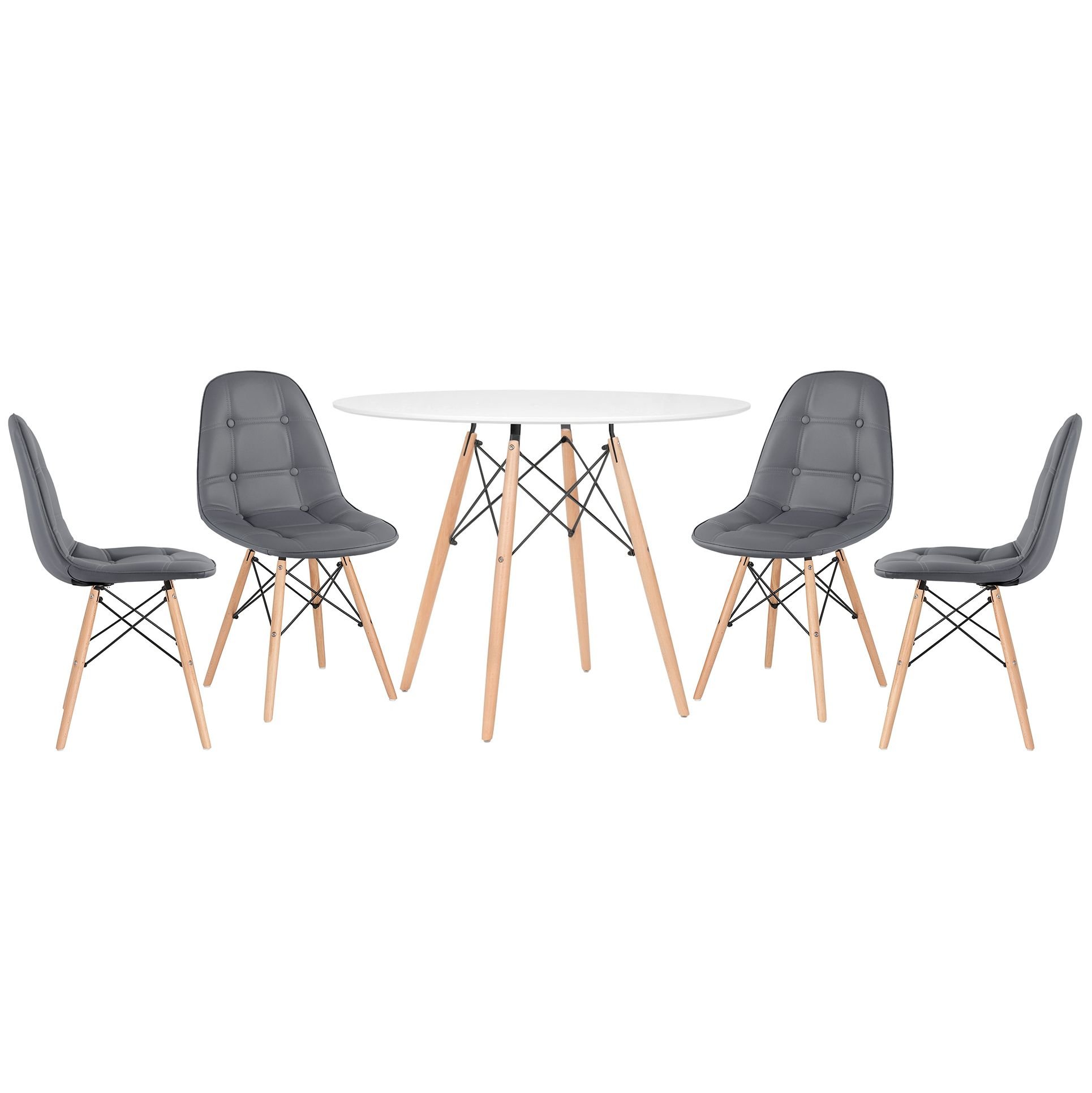 Mesa redonda Eames 100 cm + 4 cadeiras estofadas Eiffel Botonê Mesa branco com cadeiras cinza escuro