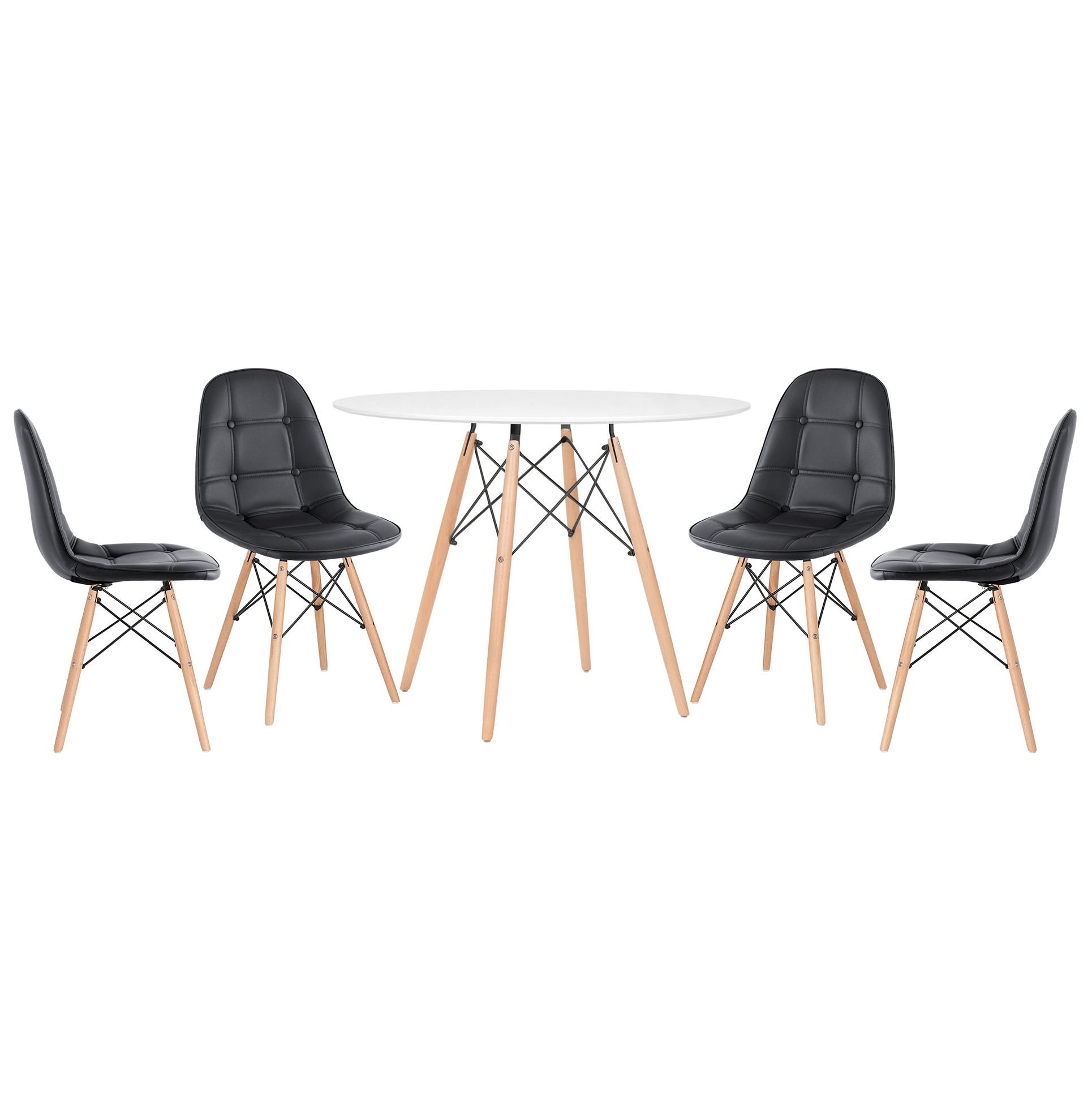 Mesa redonda Eames 100 cm + 4 cadeiras estofadas Eiffel Botonê Mesa branco com cadeiras preto