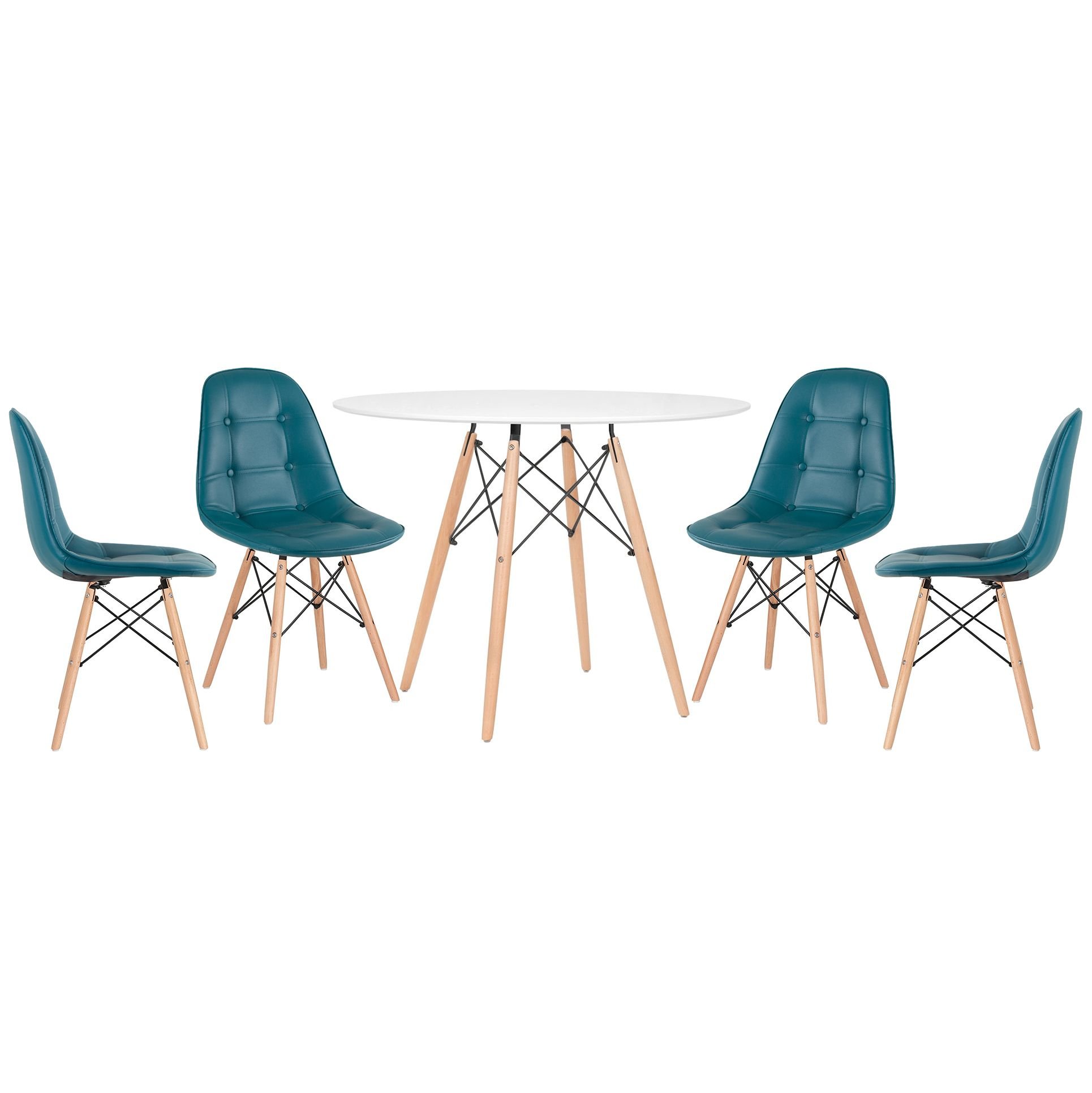Mesa redonda Eames 100 cm + 4 cadeiras estofadas Eiffel Botonê Mesa branco com cadeiras turquesa