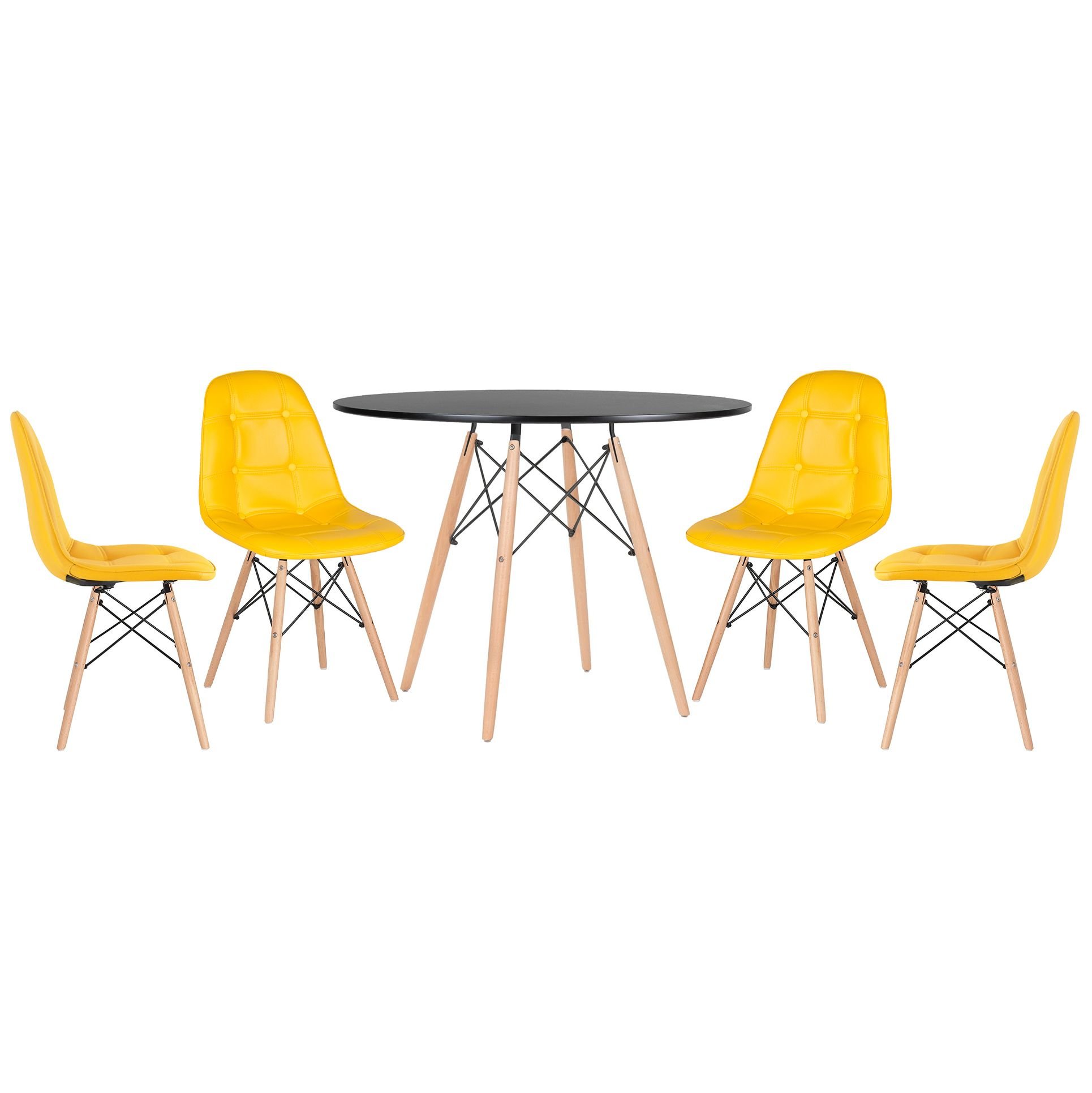 Mesa redonda Eames 100 cm + 4 cadeiras estofadas Eiffel Botonê Mesa preto com cadeiras amarelo