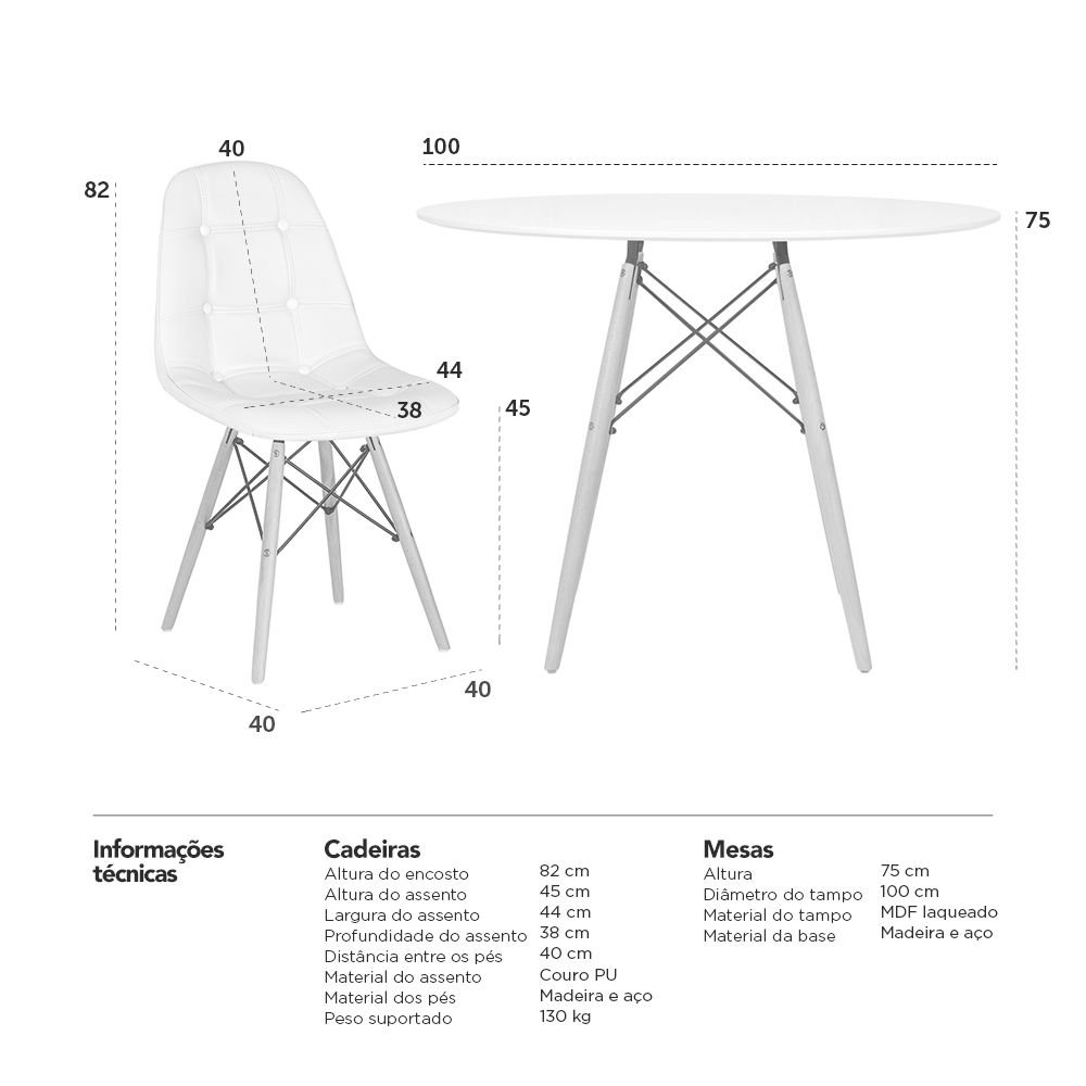 Mesa redonda Eames 100 cm + 4 cadeiras estofadas Eiffel Botonê Mesa preto com cadeiras amarelo