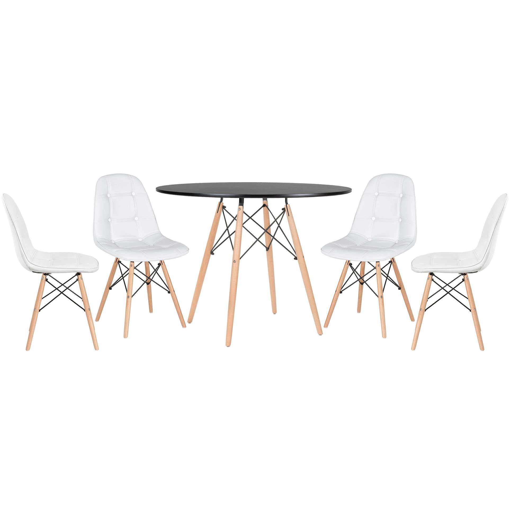 Mesa redonda Eames 100 cm + 4 cadeiras estofadas Eiffel Botonê Mesa preto com cadeiras branco