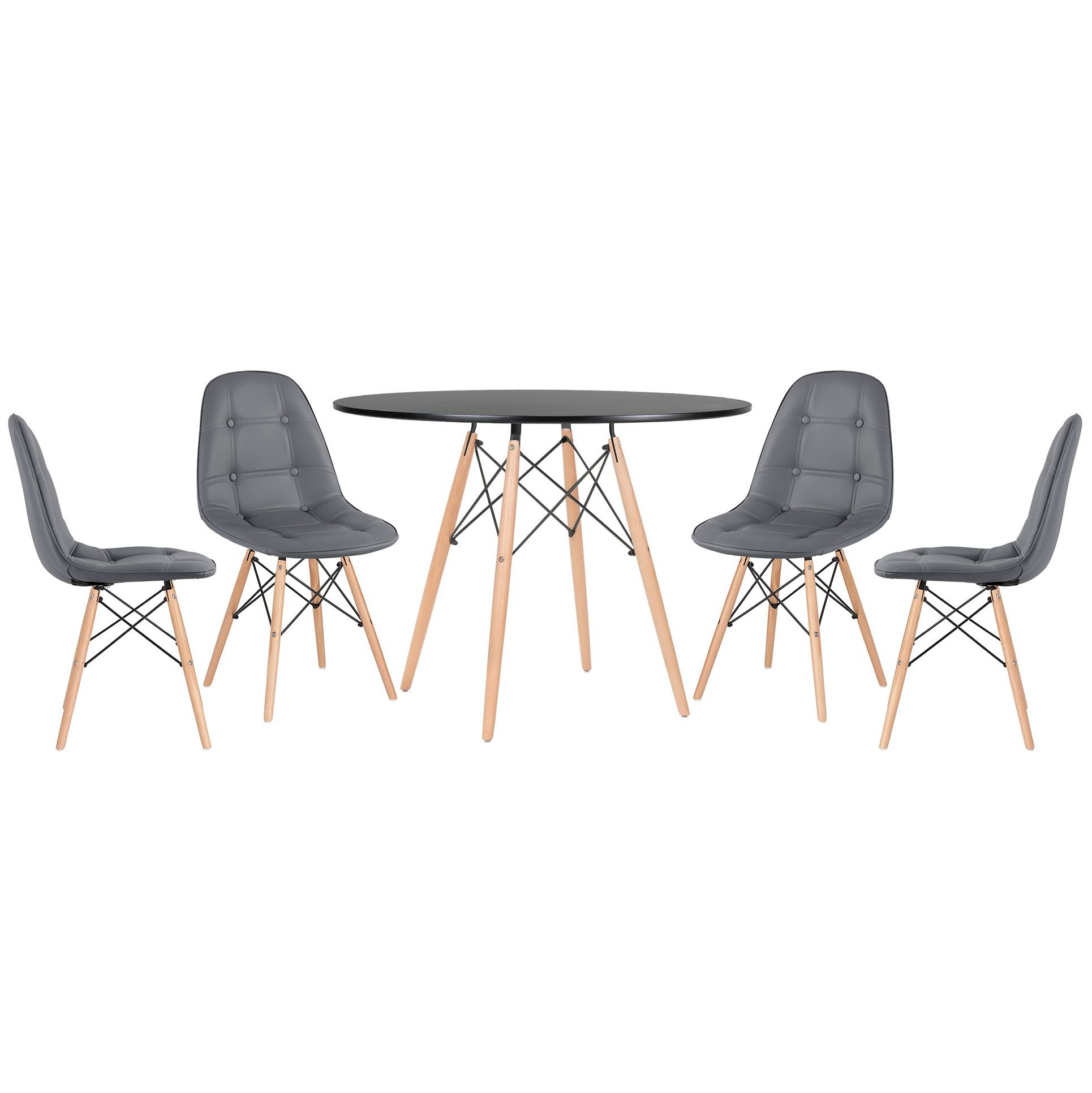 Mesa redonda Eames 100 cm + 4 cadeiras estofadas Eiffel Botonê Mesa preto com cadeiras cinza escuro