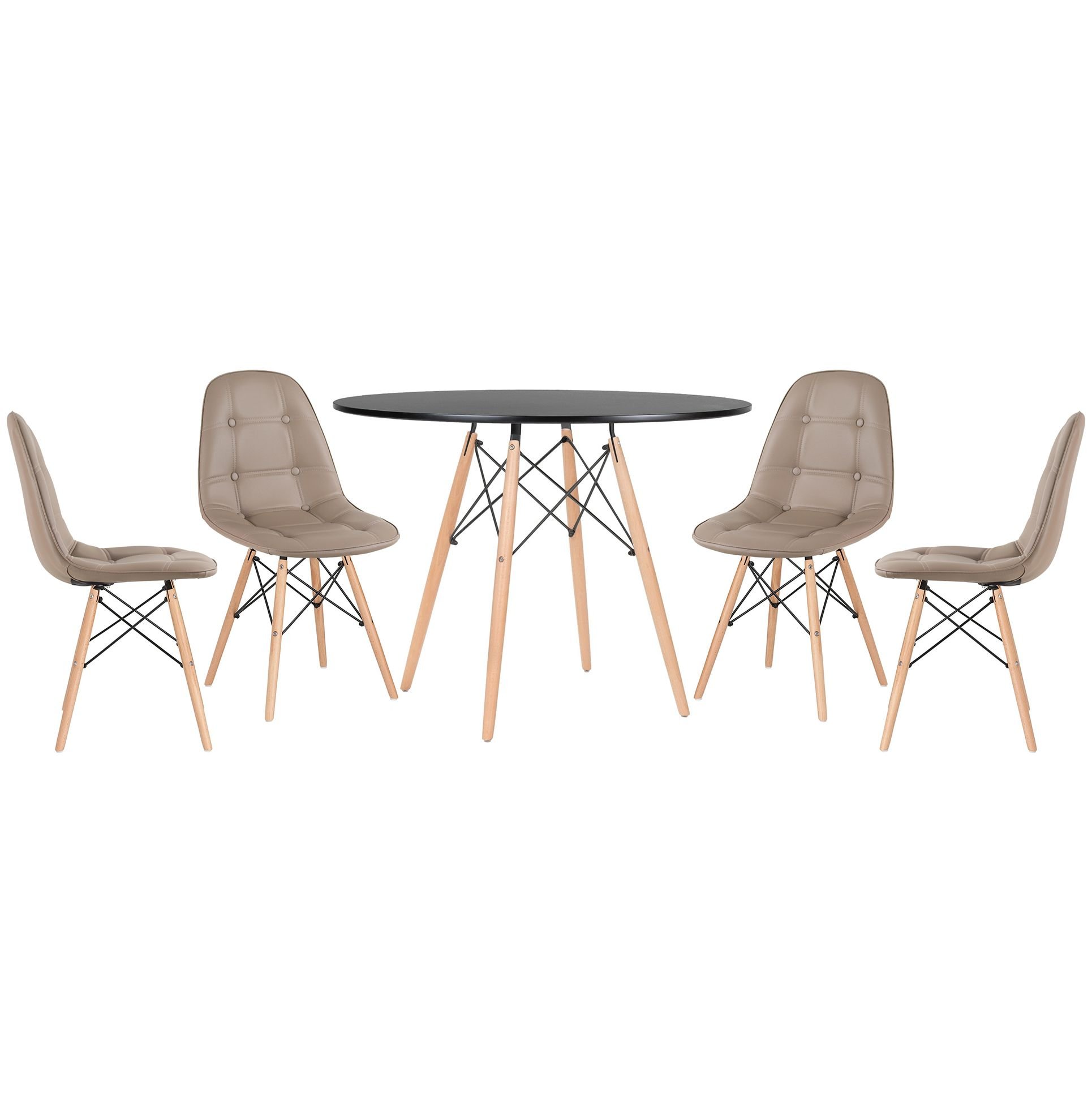 Mesa redonda Eames 100 cm + 4 cadeiras estofadas Eiffel Botonê Mesa preto com cadeiras nude