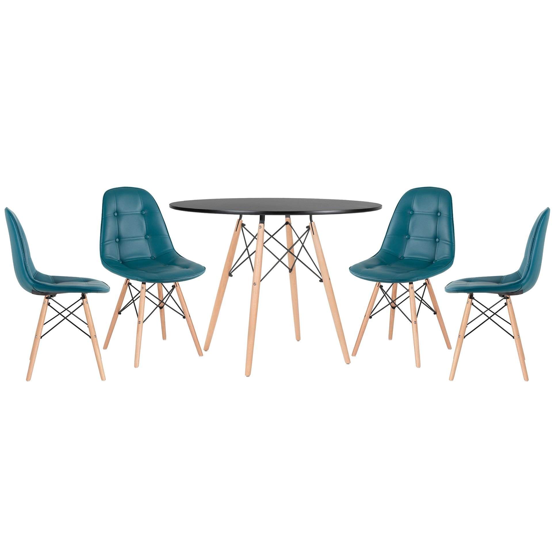 Mesa redonda Eames 100 cm + 4 cadeiras estofadas Eiffel Botonê Mesa preto com cadeiras turquesa