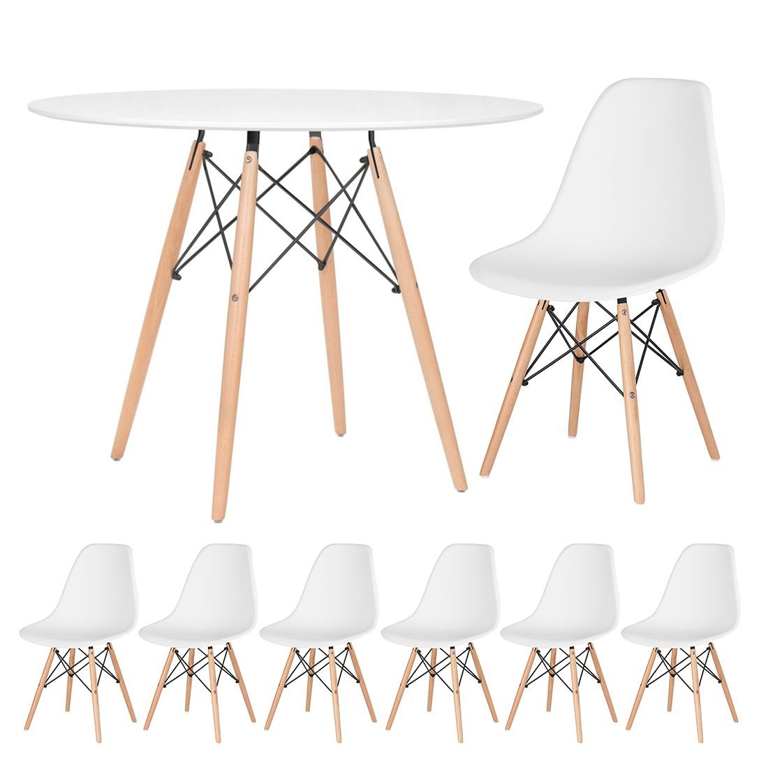 Mesa redonda Eames 100 cm + 6 cadeiras Eiffel DSW Mesa branco com cadeiras branco