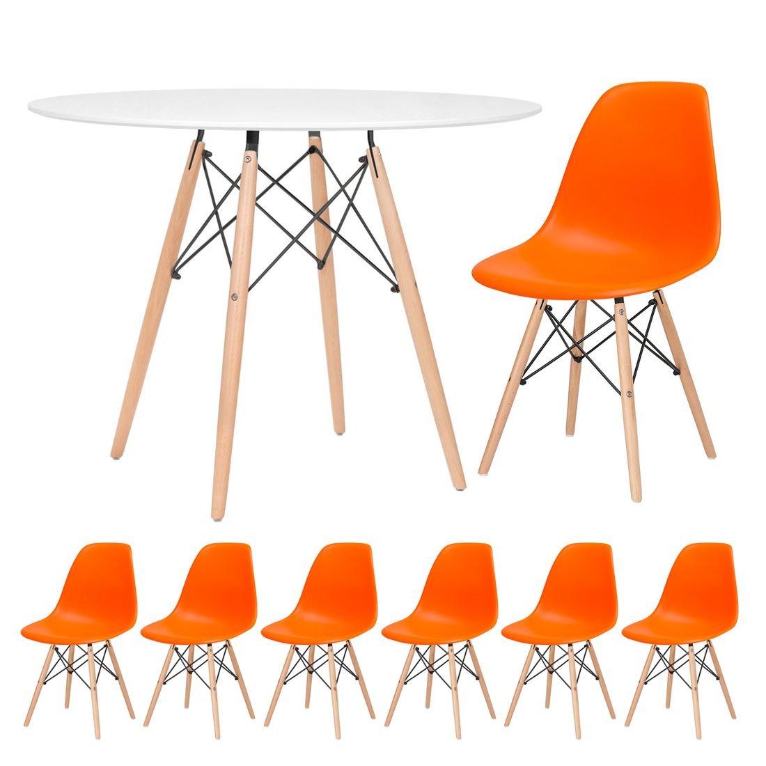 Mesa redonda Eames 100 cm + 6 cadeiras Eiffel DSW Mesa branco com cadeiras laranja