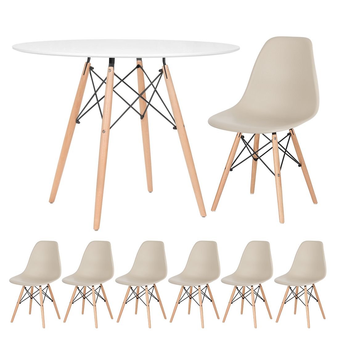 Mesa redonda Eames 100 cm + 6 cadeiras Eiffel DSW Mesa branco com cadeiras nude