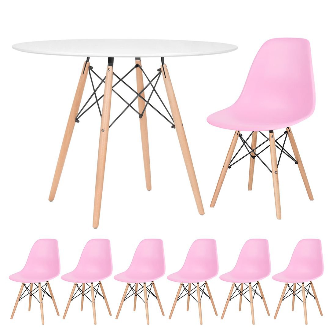 Mesa redonda Eames 100 cm + 6 cadeiras Eiffel DSW Mesa branco com cadeiras rosa claro