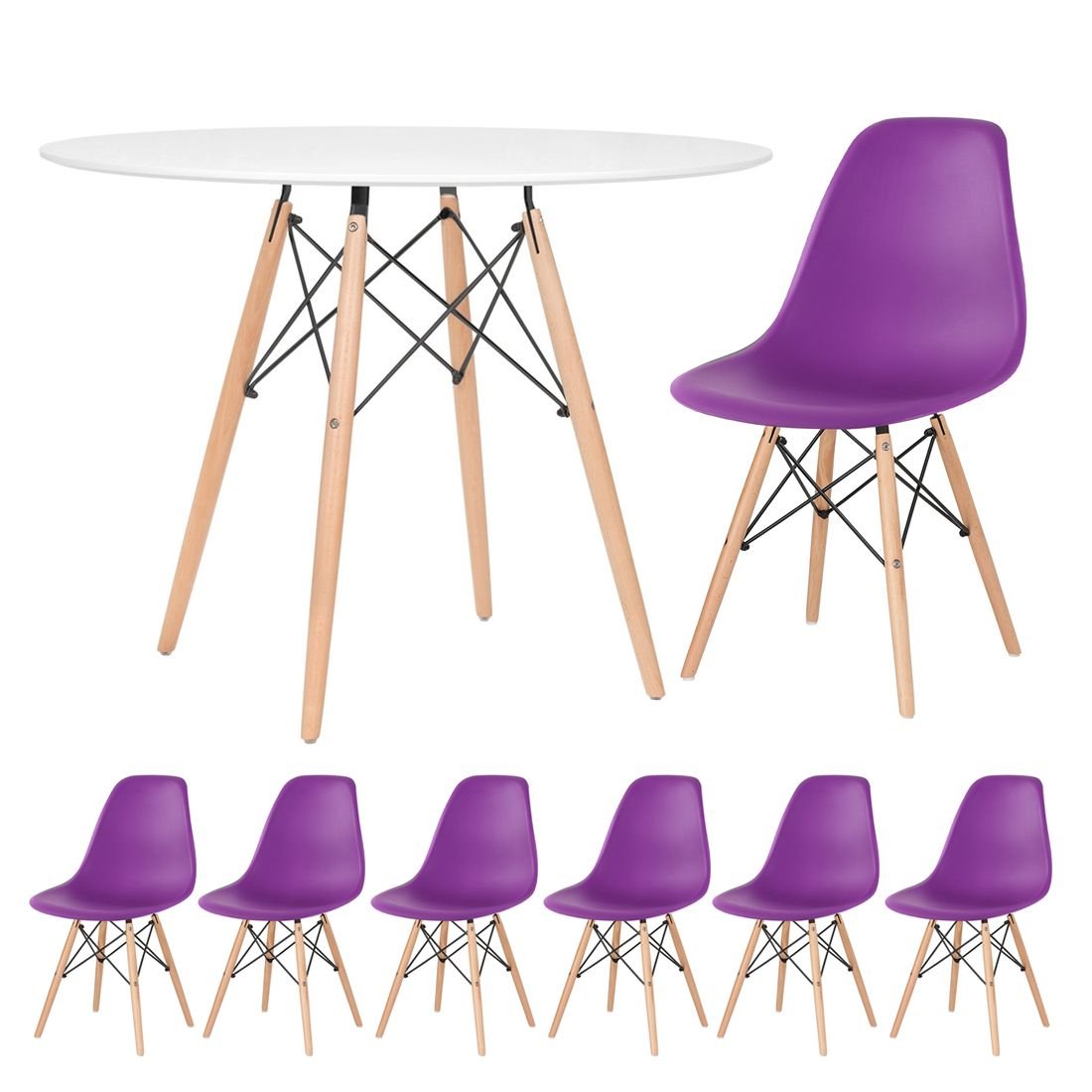 Mesa redonda Eames 100 cm + 6 cadeiras Eiffel DSW Mesa branco com cadeiras roxo