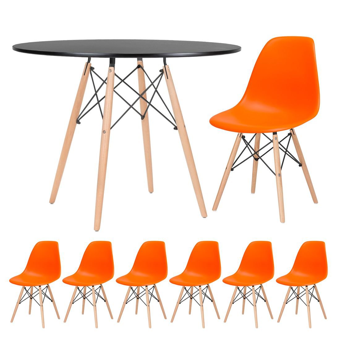 Mesa redonda Eames 100 cm + 6 cadeiras Eiffel DSW Mesa preto com cadeiras laranja