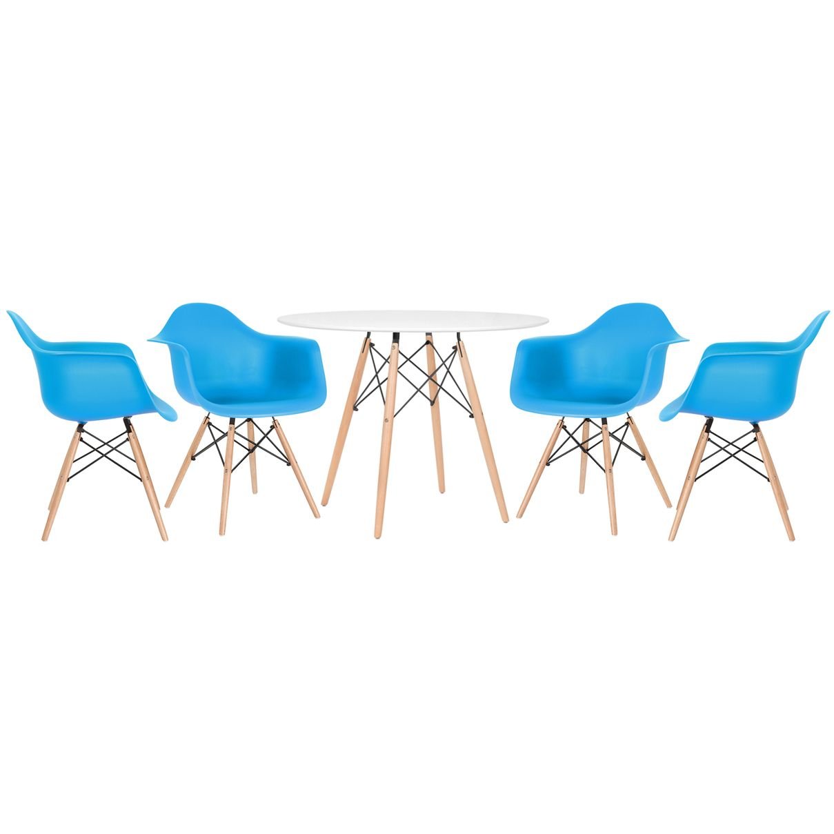 Mesa redonda Eames 100 cm branco + 4 cadeiras Eiffel DAW Azul céu