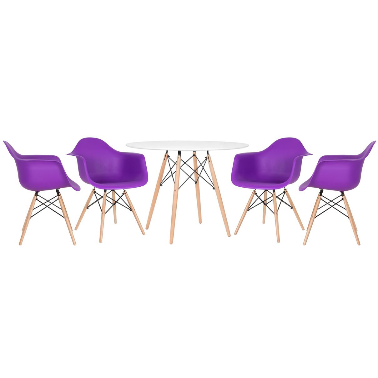 Mesa redonda Eames 100 cm branco + 4 cadeiras Eiffel DAW Roxo