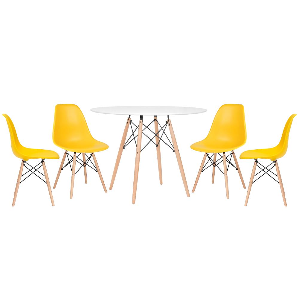 Mesa redonda Eames 100 cm branco + 4 cadeiras Eiffel DSW Amarelo