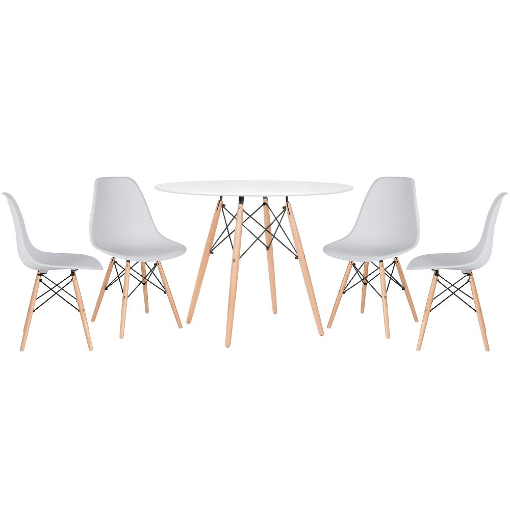 Mesa redonda Eames 100 cm branco + 4 cadeiras Eiffel DSW Cinza claro