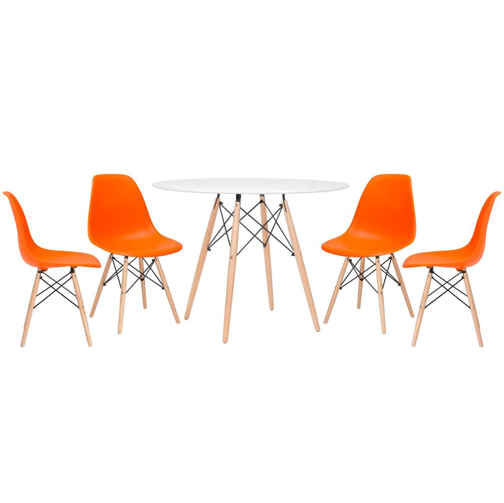 Mesa redonda Eames 100 cm branco + 4 cadeiras Eiffel DSW Laranja