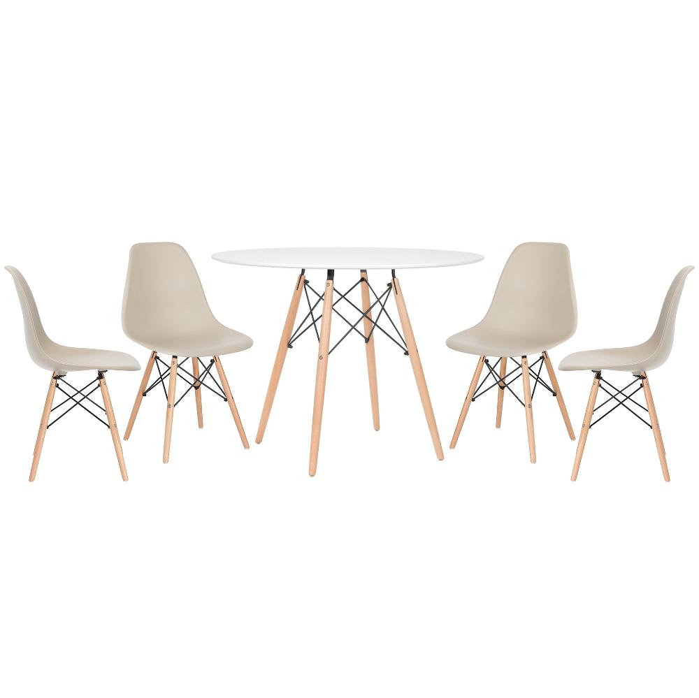 Mesa redonda Eames 100 cm branco + 4 cadeiras Eiffel DSW Nude