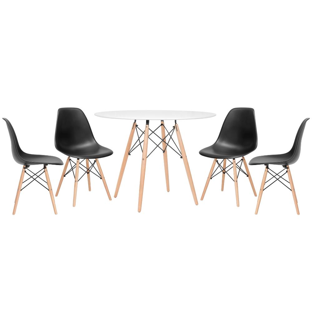 Mesa redonda Eames 100 cm branco + 4 cadeiras Eiffel DSW Preto