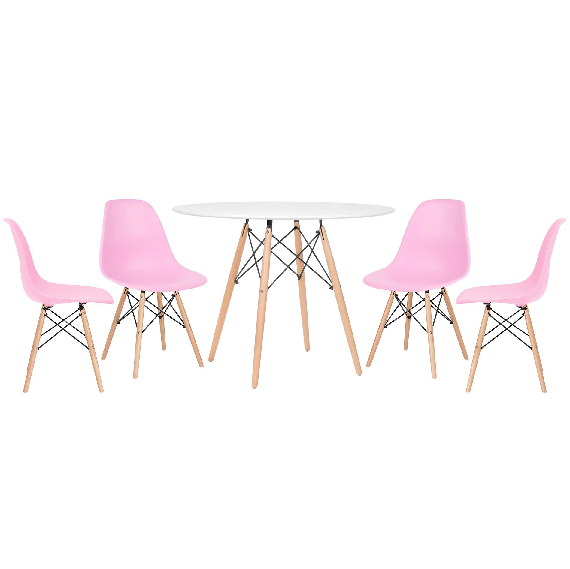 Mesa redonda Eames 100 cm branco + 4 cadeiras Eiffel DSW Rosa claro