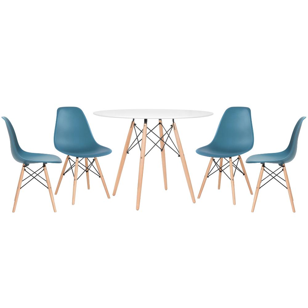 Mesa redonda Eames 100 cm branco + 4 cadeiras Eiffel DSW Turquesa