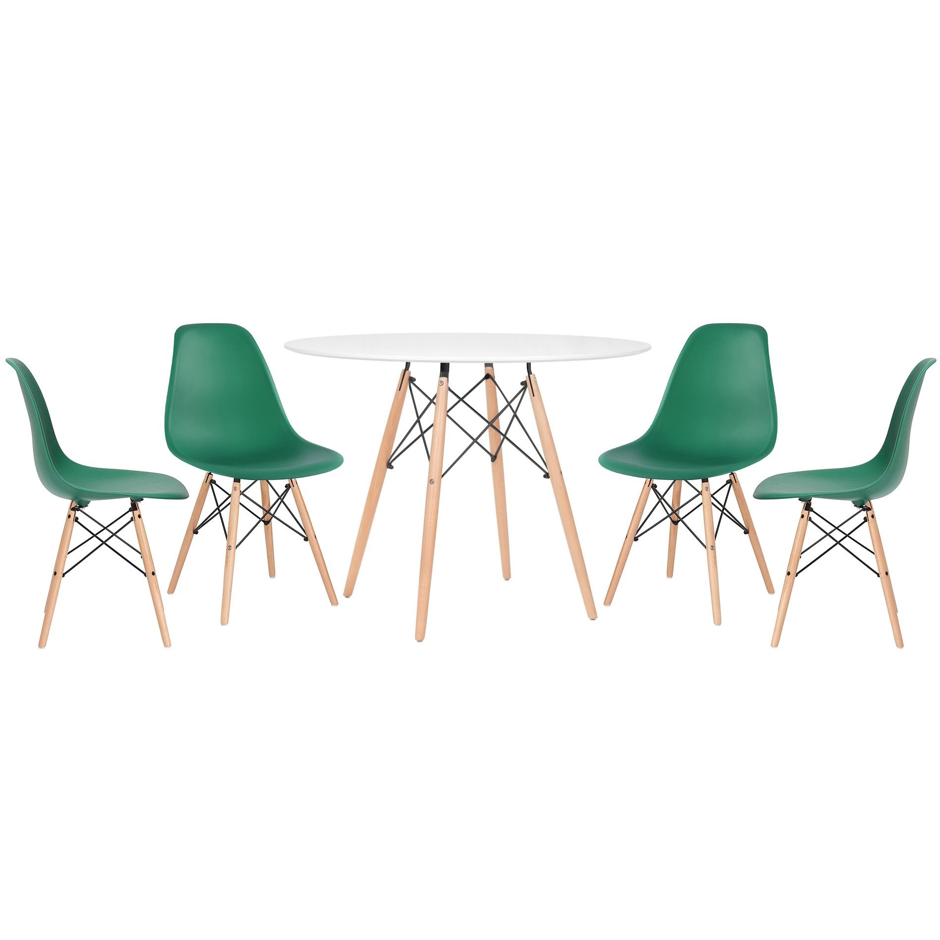 Mesa redonda Eames 100 cm branco + 4 cadeiras Eiffel DSW Verde escuro