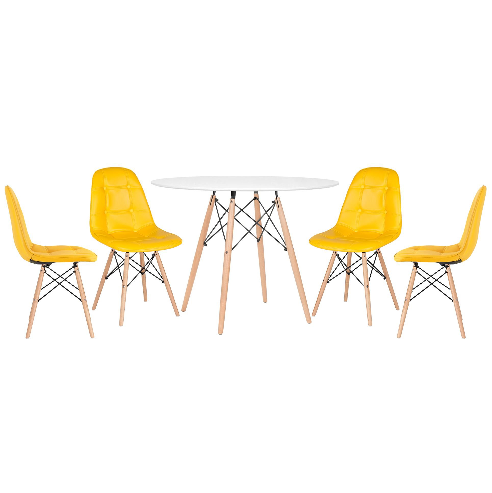 Mesa redonda Eames 100 cm branco + 4 cadeiras estofadas Eiffel Botonê Amarelo