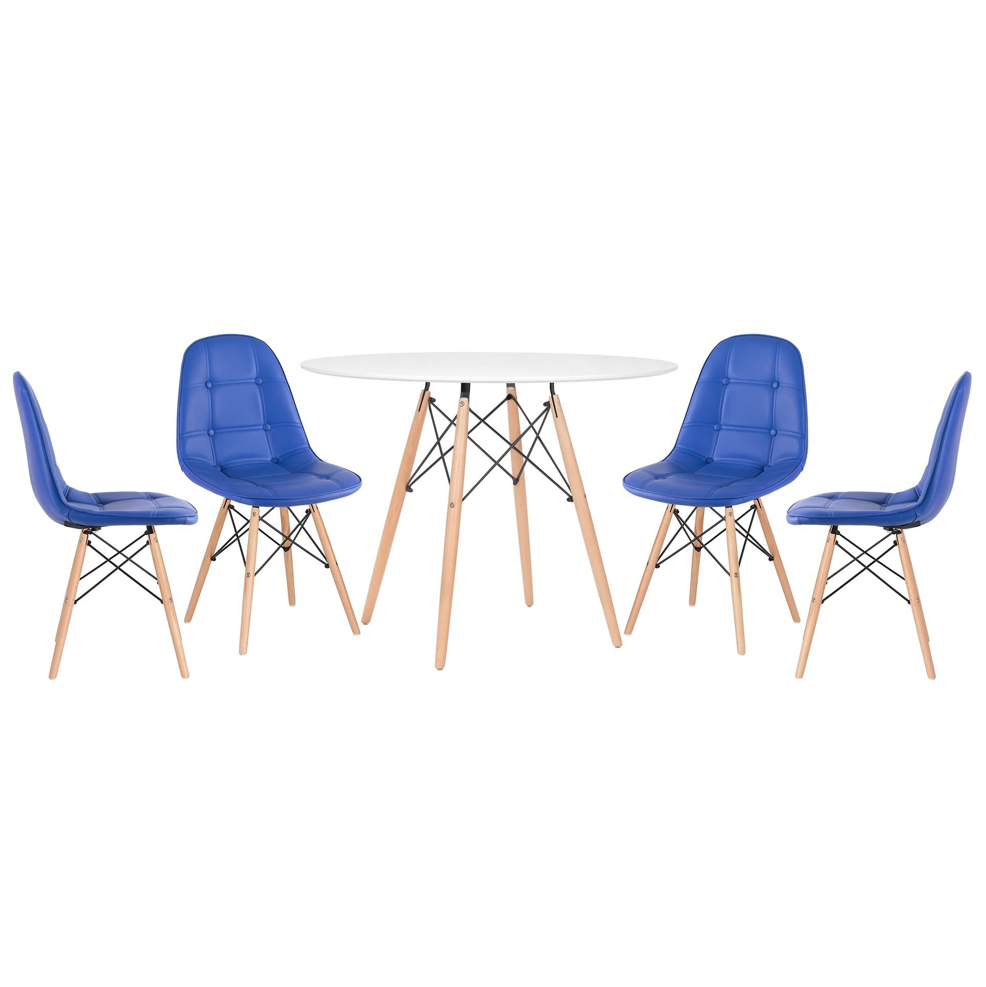 Mesa redonda Eames 100 cm branco + 4 cadeiras estofadas Eiffel Botonê Azul