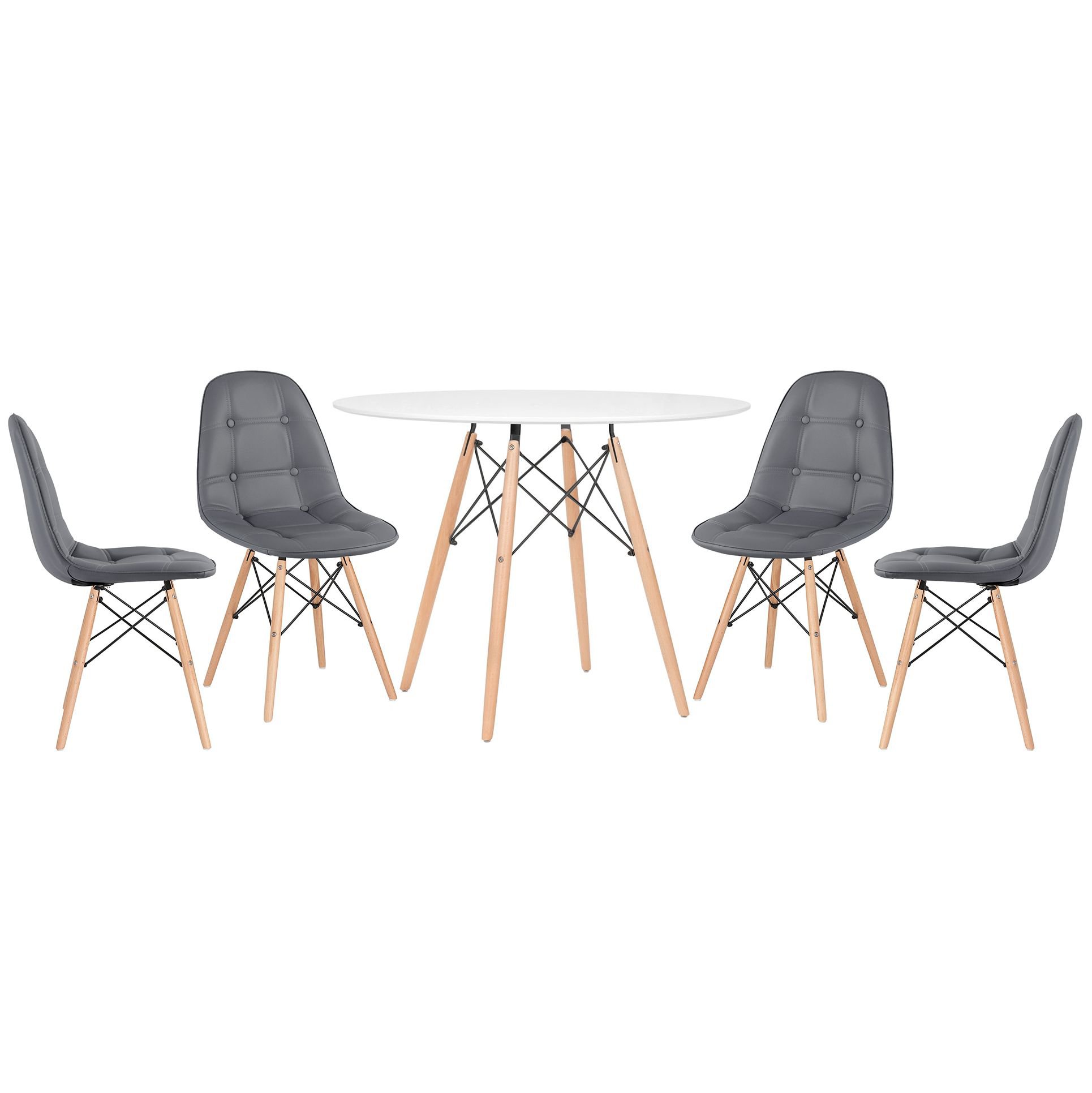 Mesa redonda Eames 100 cm branco + 4 cadeiras estofadas Eiffel Botonê Cinza escuro