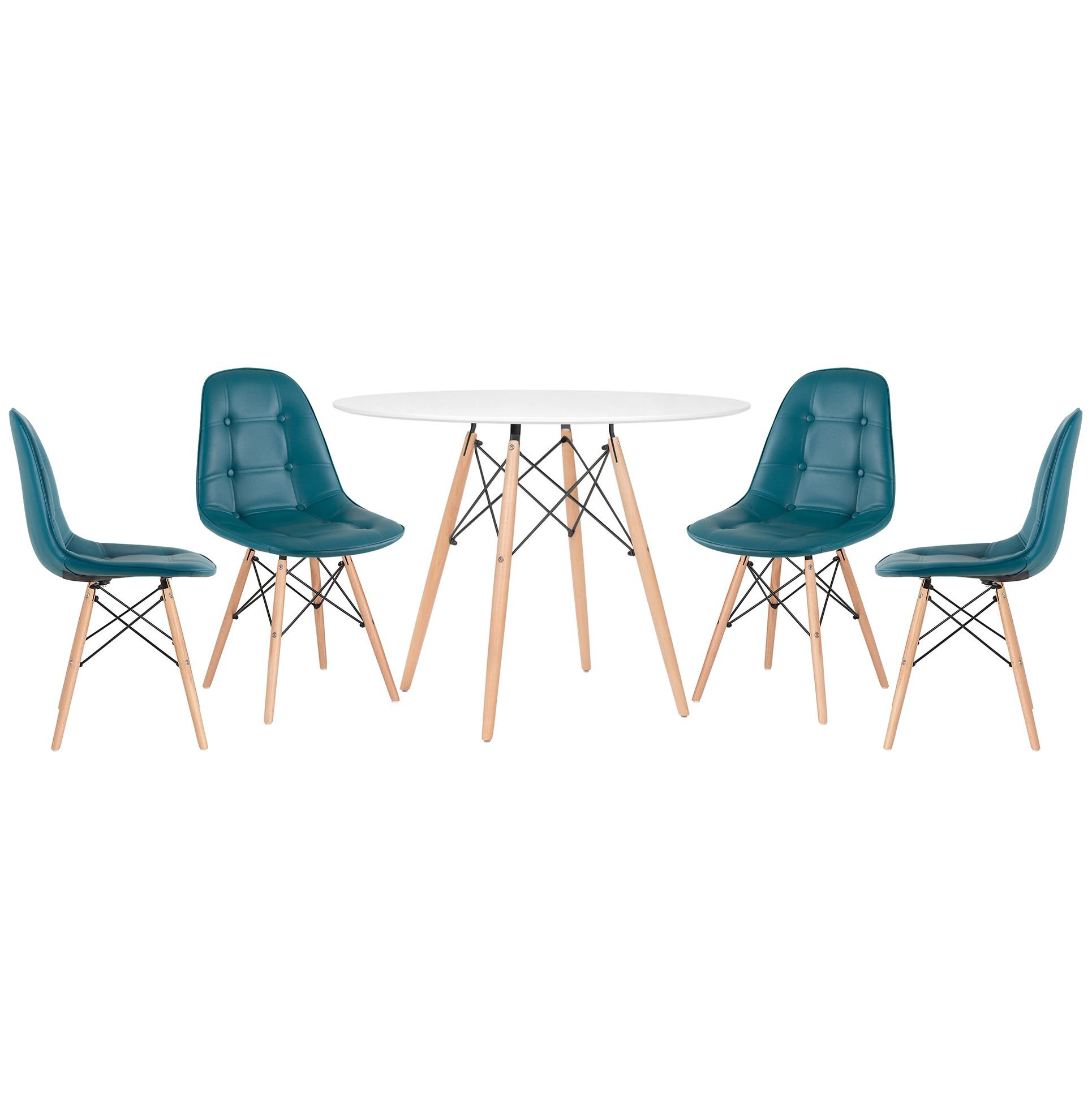 Mesa redonda Eames 100 cm branco + 4 cadeiras estofadas Eiffel Botonê Turquesa
