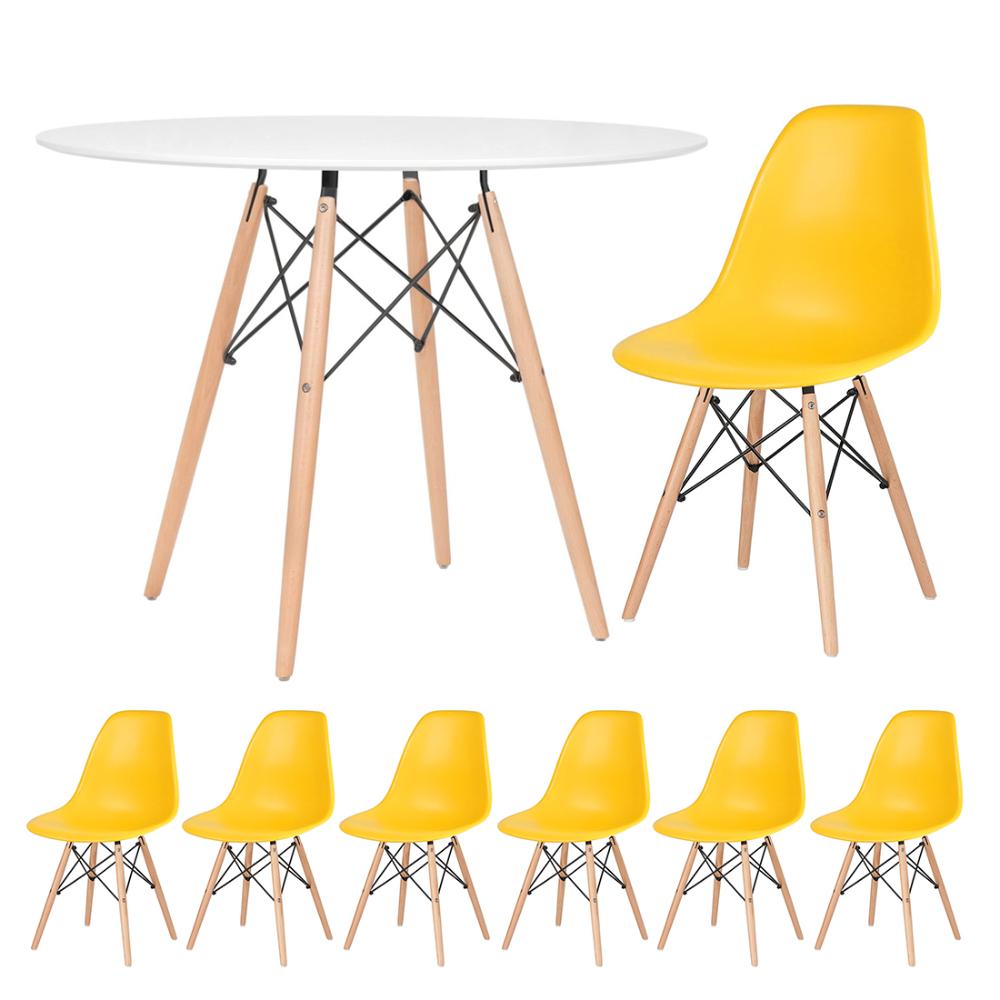 Mesa redonda Eames 100 cm branco + 6 cadeiras Eiffel DSW Amarelo