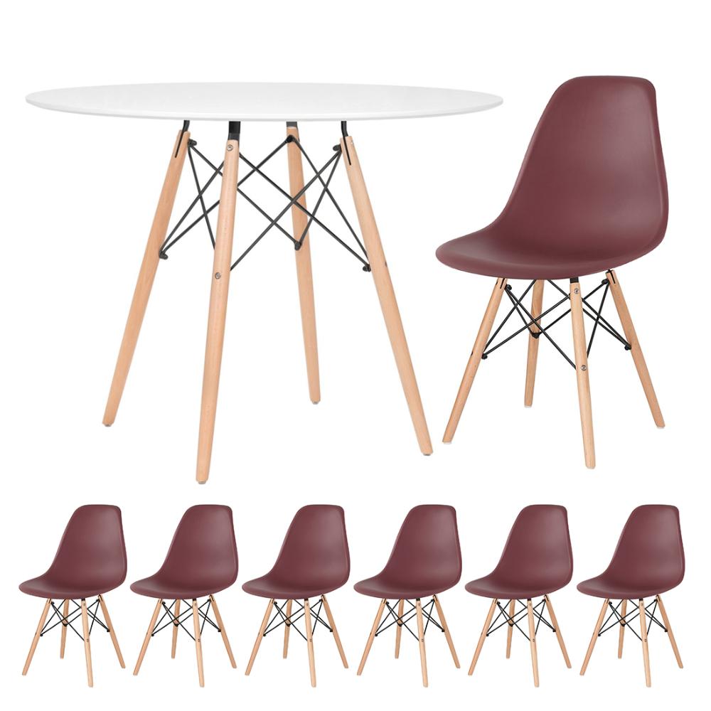 Mesa redonda Eames 100 cm branco + 6 cadeiras Eiffel DSW Marrom