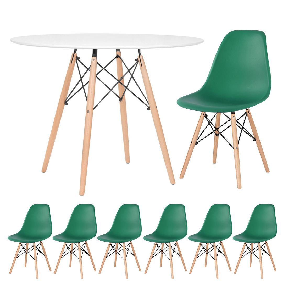 Mesa redonda Eames 100 cm branco + 6 cadeiras Eiffel DSW Verde escuro